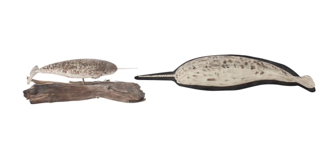 Two Painted Wood Narwhal Models
