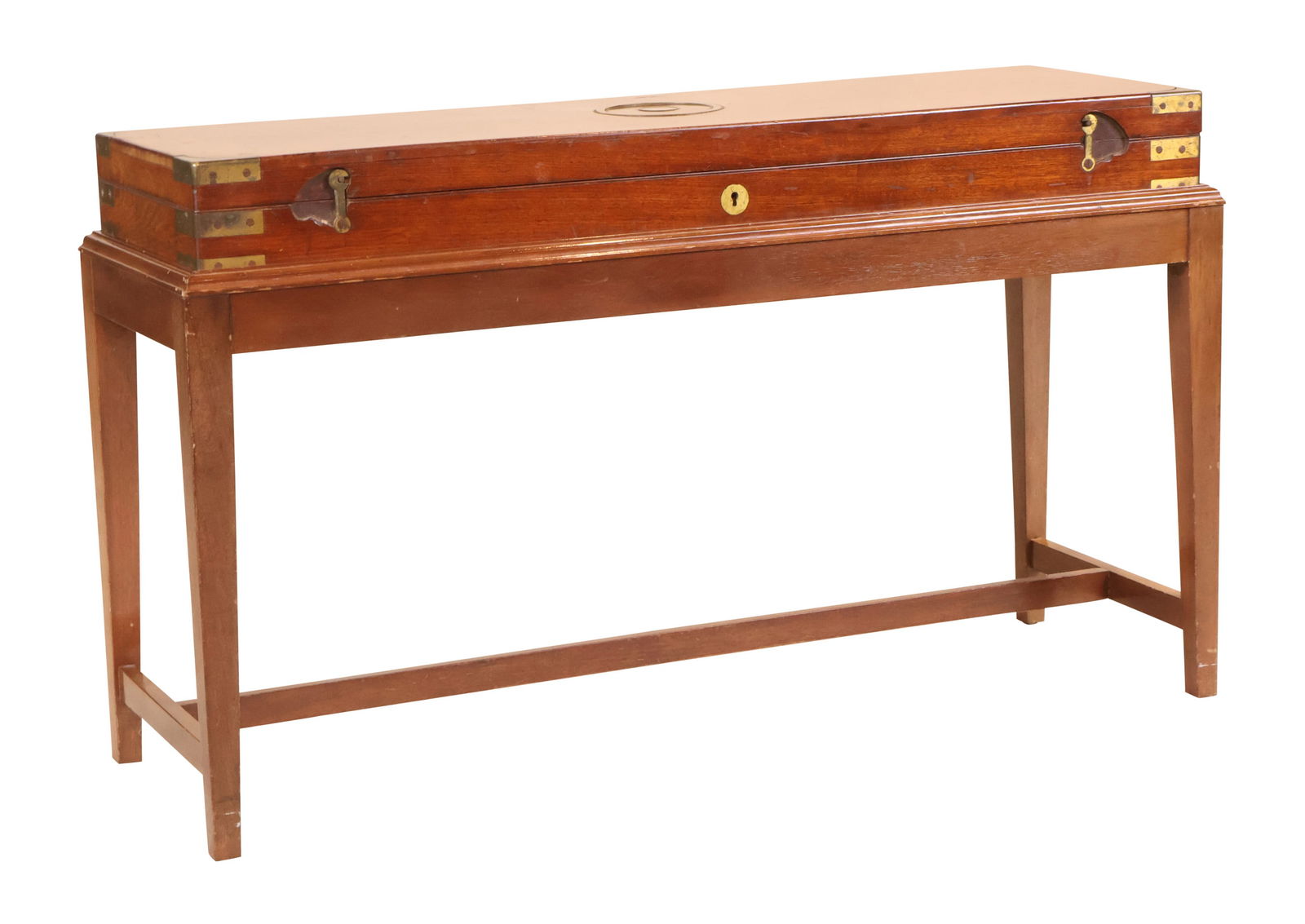 Vintage English Brass Inlaid and Mounted Mahogany Gun Case on Stand: Vintage English Brass Inlaid and Mounted Mahogany Gun Case on Stand19th/20th C.Fitted on a later stand. The interior fitted for a shot gun and with a Michael Clarkson for Joseph Harkom & Son reference