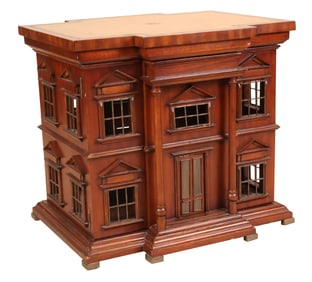 Georgian Style Architectural Leather-Inset Brass-Mounted Mahogany House Form Low Table, Maitland