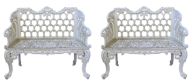 Pair of White Painted Cast Iron Benches