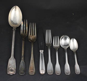 Christofle Silver Plated Arcantia Flatware: Christofle Silver Plated Arcantia FlatwareComprising, 9 knives, 6 salad forks, 9 dinner forks, 10 teaspoons, and 10 soup spoons. Together with two Towle silver plates serving spoons, and two serving f