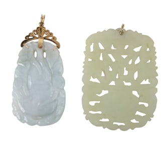 Two Celadon Green Carved Jade Pendants
