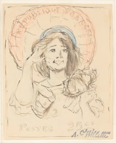Adolphe Willette, French 1857-1926, Study for 25 Centimes Postage Stamp, Black Ink over Black, Red,