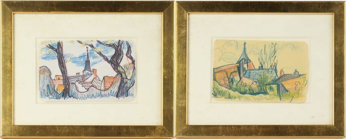 Scribner Ames, 1908-1993, French Village with Church, Two Colored Pencil Drawings