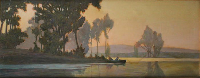 Attributed to Alexandre Jacob, French 1876-1972, Riverscape with Fishman, Oil on Canvas