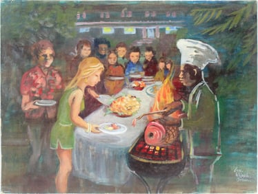 Jane Whipple Green, American 1910-2007, People at Barbeque, Oil on Board