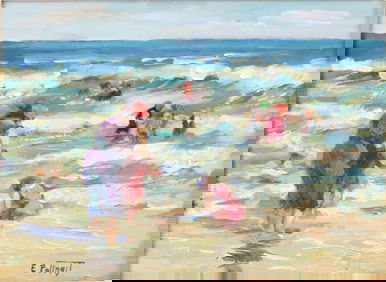 After Edward Henry Potthast, 1857-1927, Beach Scene, Oil on Board