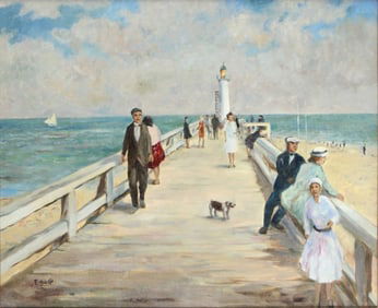 Attrib. Francois Gall, French/Hungarian 1912-1987, Trouville Pier Scene, Oil on Canvas