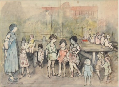 Jerome Myers, 1867-1940, Children at a Pier, Watercolor on Paper