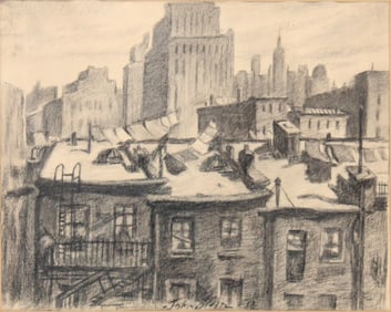 After John French Sloan, 1871-1951, Tenement Rooftops, Charcoal on Paper