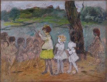 Jerome Myers, 1867-1940, Children in Park with Tree, Oil and Ink on Board