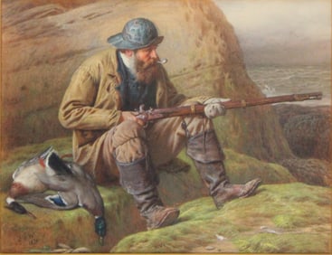 Duck Hunter on Rock, Mixed Media on Paper
