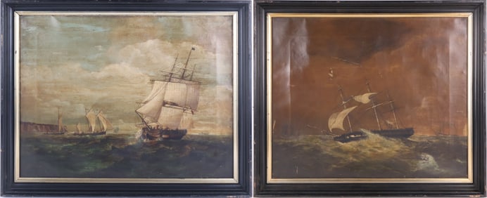 Rough Seas and Approaching the Coast, Two Oils on Canvas