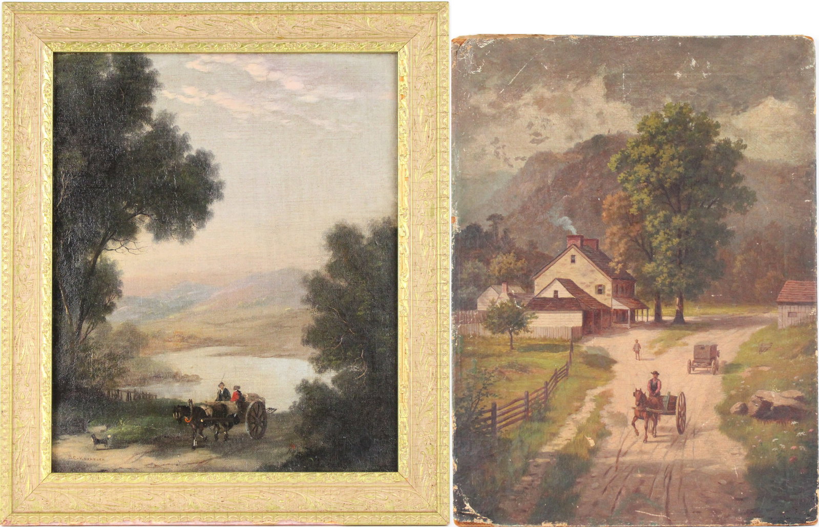 B.C. Koekkoek, Figures in Cart in Pastoral Landscape, Oil on Board: B.C. Koekkoek Figures in Cart in Pastoral Landscape Oil on Board After Barend Cornelis Koekkoek. Together with an oil on canvas, mounted on board of a country lane. Losses to canvas, canvas loose in p