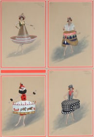 R. Barues, Fashion Prints of Hats, Mixed Media on Paper