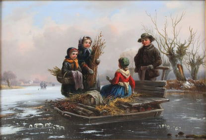 Alexis De Leeuw, Belgian 1848-1883, Children Gathering Sticks, Oil on Panel