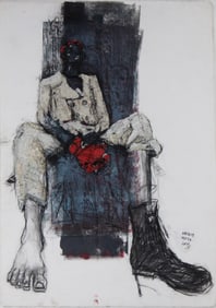 Mercy Moyo, Zimbabwe , Seated Woman with Boxing Glove, Mixed Media on Paper