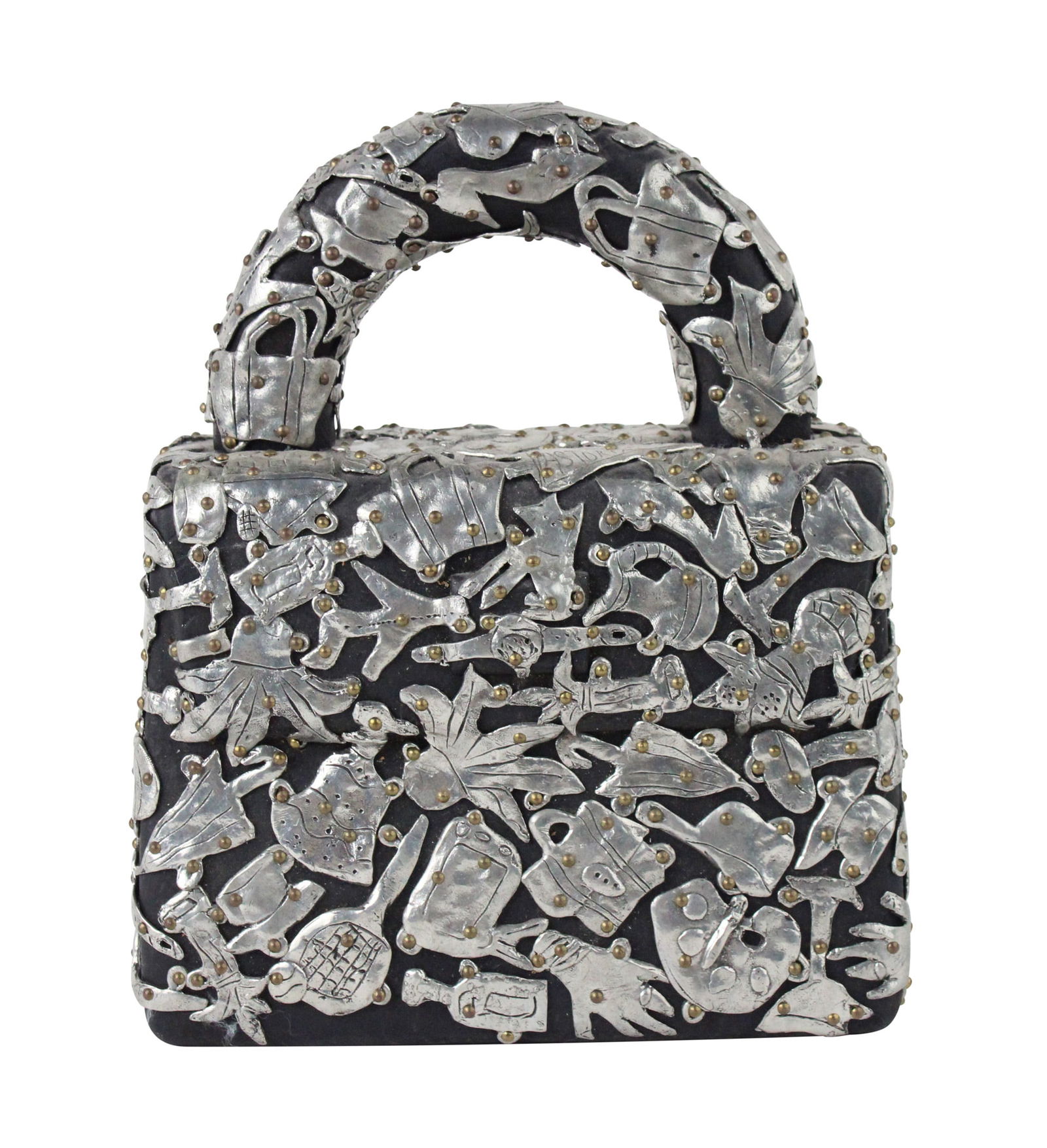 Claudia DeMonte, 1947, Female Fetish: Small Handbag, Pewter and Brass on Wood: Claudia DeMonte1947Female Fetish: Small HandbagPewter and Brass on Wood2008, labeled underside.9 1/2 x 7 1/2 x 3 3/4 in. (24.1 x 19.1 x 9.5 cm.)