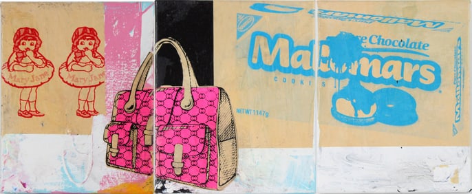 Pop Art Triptych, Mixed Media Collage on Canvas