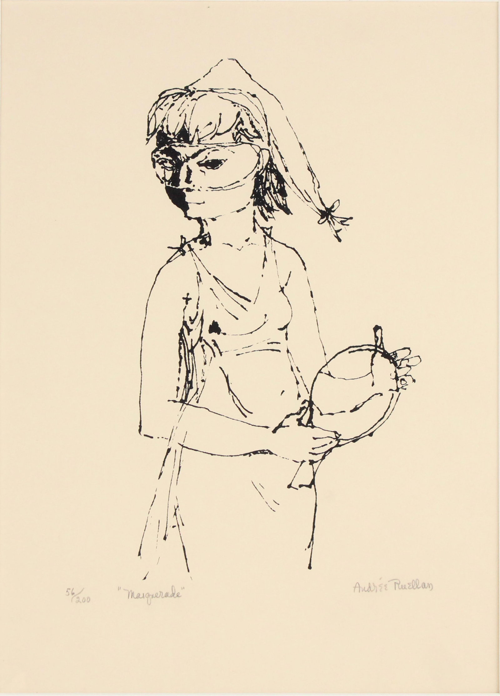 Andree Ruellan, American 1905-2006, Masquerade, Lithograph: Andree Ruellan American, 1905-2006 Masquerade Lithograph Signed, titled, and numbered in pencil 56/200. Sight: 14 x 10 in. (35.6 x 25.4 cm.), Frame: 20 x 16 in. (50.8 x 40.6 cm.)