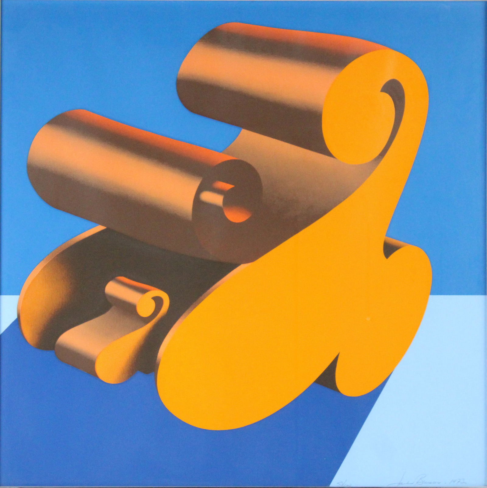 Jack Brusca, American 1939-1993, Letter A, Lithograph: Jack BruscaAmerican, 1939-1993Letter ALithographSigned l.r. dated 1973, numbered 53/100.Sight: 26 1/2 x 26 1/2 in. (67.3 x 67.3 cm.), Frame: 27 1/2 x 27 1/2 in. (69.9 x 69.9 cm.)