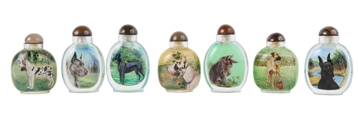 Seven Chinese Reverse Painted Dog Snuff Bottles