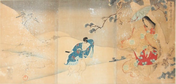Japanese Woodblock Print of Figures in Snowstorm