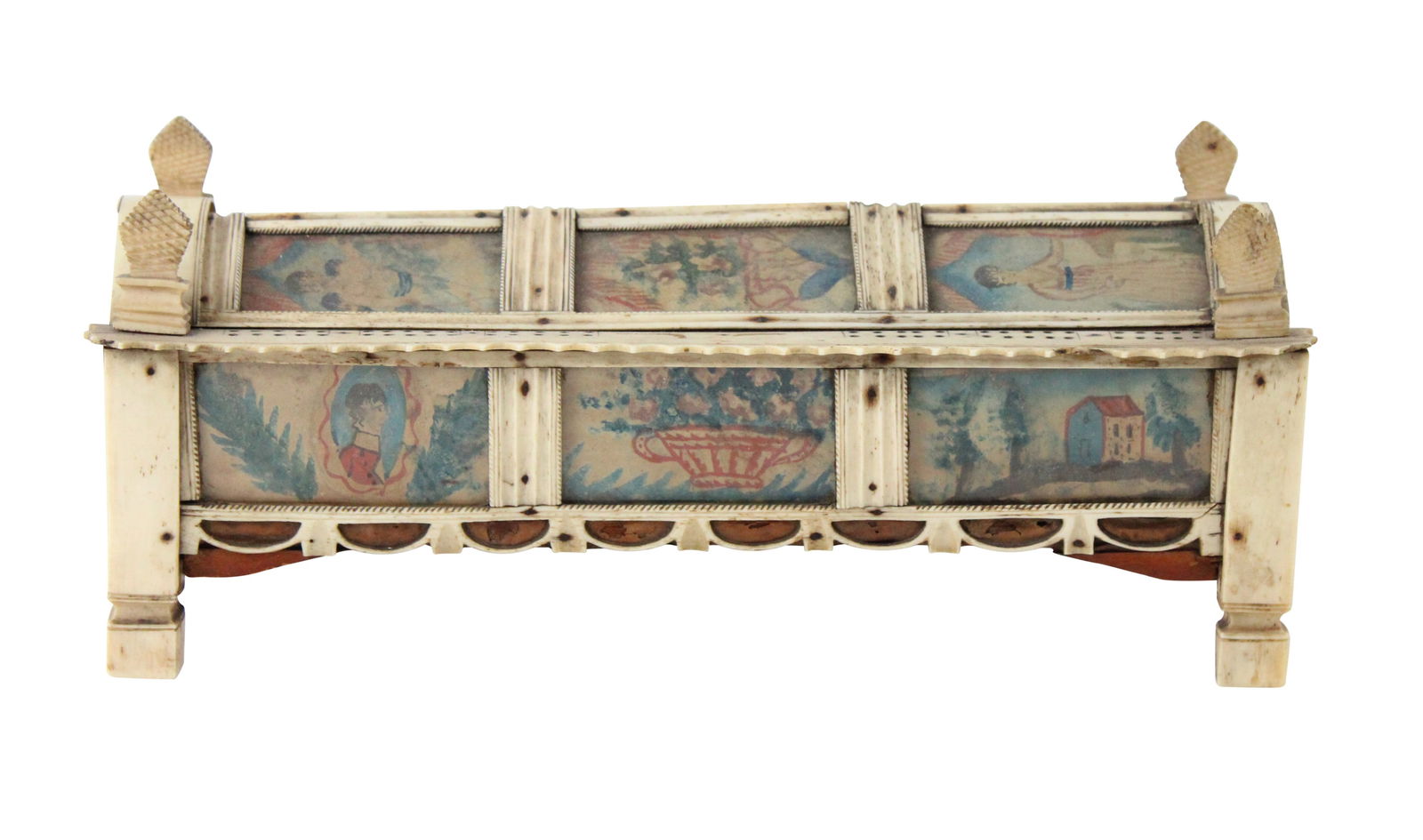 Napoleonic Era Folk Art Carved Prisoner of War Game Box: Napoleonic Era Folk Art Carved Prisoner of War Game Box19th C. filled with bone dominos.Cracks, wear, surface distress.Provenance: Property from a Private New England Collection4 1/4 x 4 x 10 1/4 in.