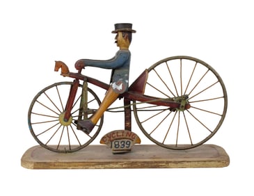Folk Art Carved and Painted Cyclist on Bike