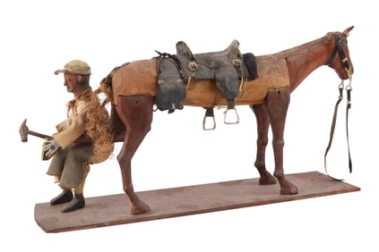 Folk Art Carved and Painted Figure of a Blacksmith and Horse
