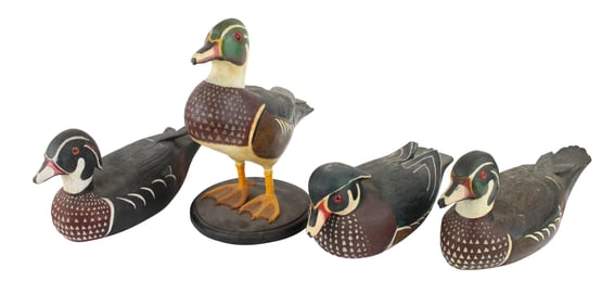 Group of Four Carved and Painted Wood Ducks