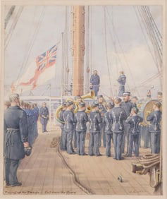 Harry Coish, British Late 19th C., Playing up the Ensign - God Save the Queen, Watercolor on paper