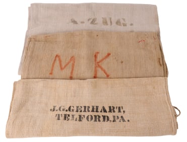 Three Pennsylvania Hand-Woven Linen Grain Sacks