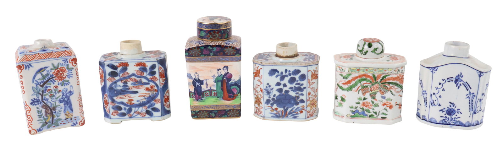 Six Porcelain Tea Caddies: Six Porcelain Tea CaddiesIncluding, pearlware, Chinese, and faiance examples.Some lacking lids, chips, wear.Largest: 5 1/2 x 3 x 3 in. (14 x 7.6 x 7.6 cm.)