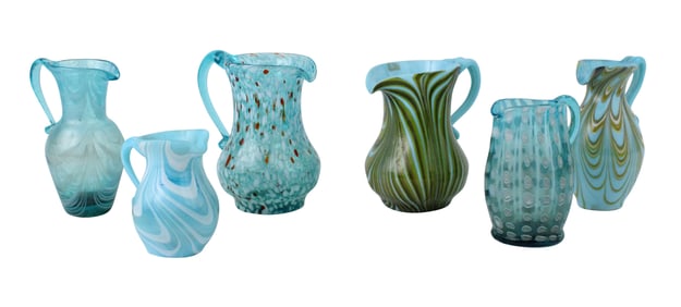 Six Blue Nailsea Art Glass Pitchers