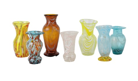 Seven Nailsea Art Glass Vases