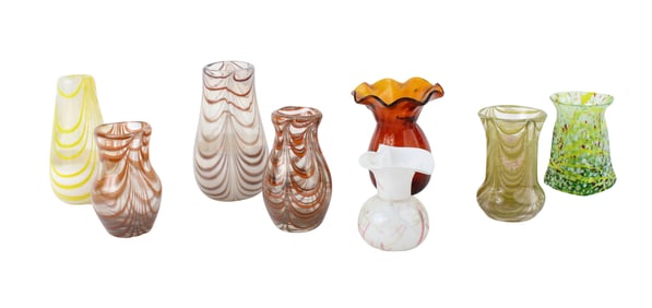 Eight Nailsea Art Glass Vases