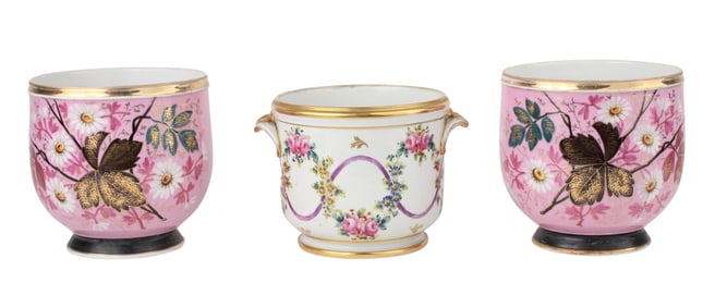 Pair of Pink and Gilt Decorated Cache Pots