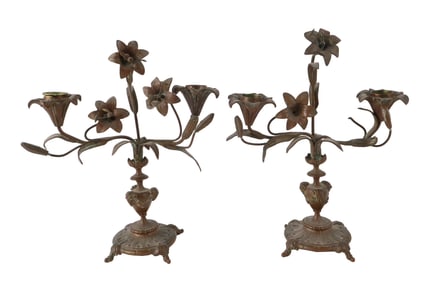 Pair of Floral Decorated Bronze Candelabras