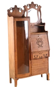 Carved Oak Secretary Desk Curio Cabinet