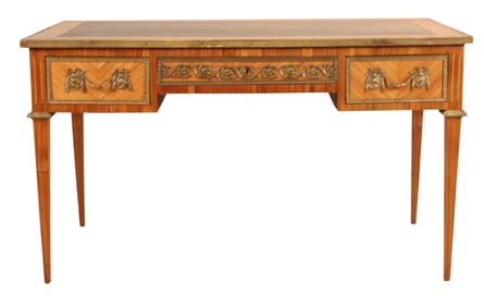 Louis XVI Style Marquetry Leather Top Bureau Plat
