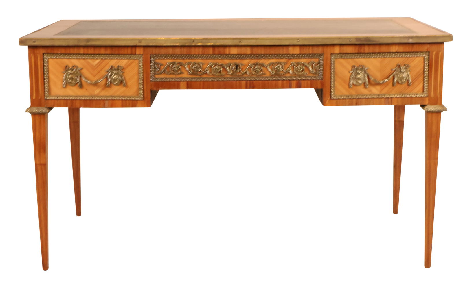 Louis XVI Style Marquetry Leather Top Bureau Plat (1 of 8)