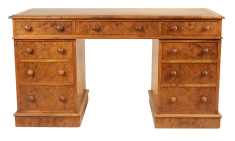 Regency Burlwood Leather-Inset Pedestal Desk