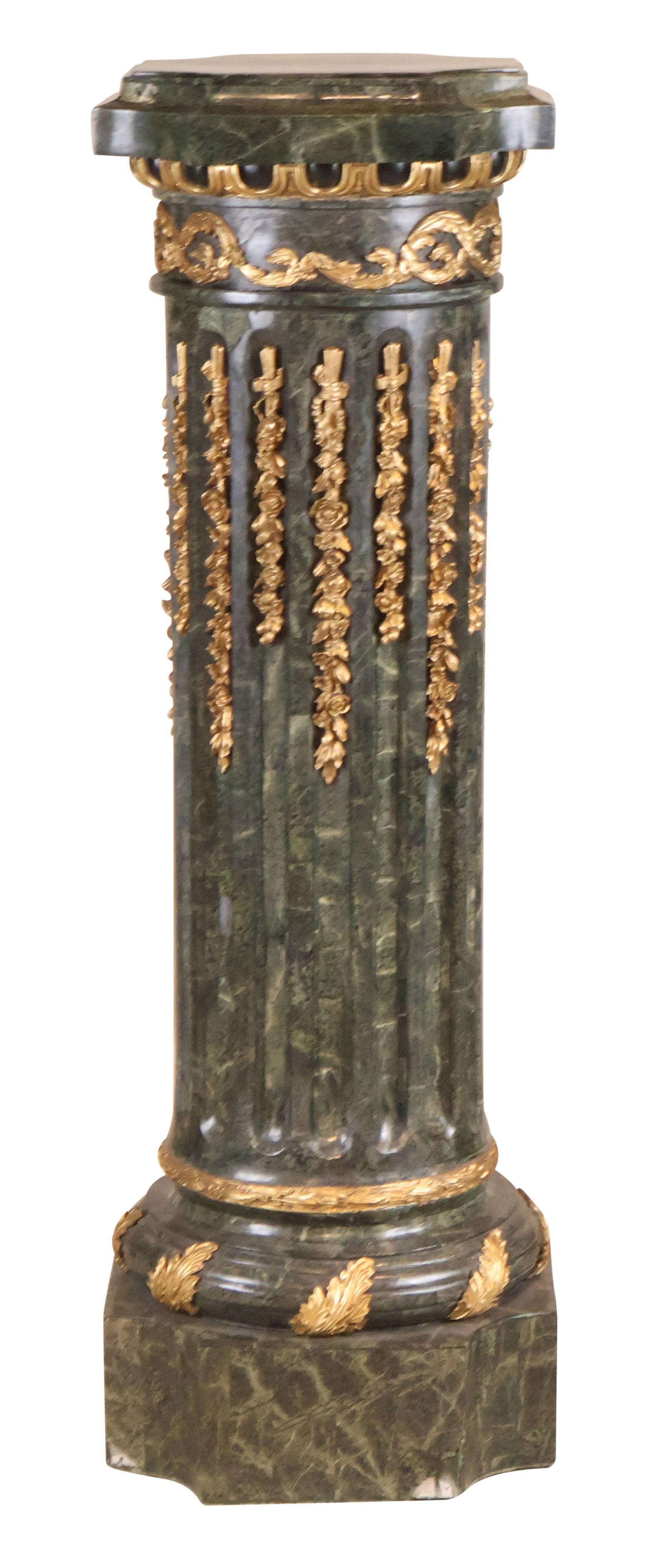 Giltwood Mounted Green Marble Veneered Column: Giltwood Mounted Green Marble Veneered Column20th/21st C.52 x 17 x 17 in. (132.1 x 43.2 x 43.2 cm.)