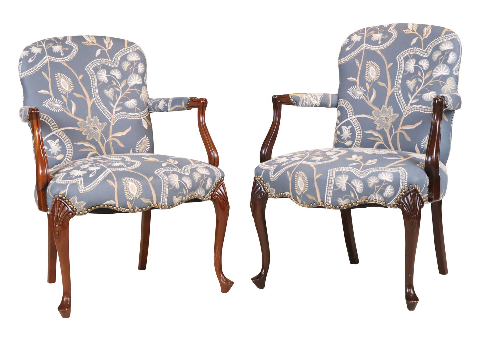 Pair of Upholstered Mahogany Armchairs: Pair of Upholstered Mahogany ArmchairsWith embroidered blue upholstery.34 x 25 1/4 x 20 1/2 in. (86.4 x 64.1 x 52.1 cm.)