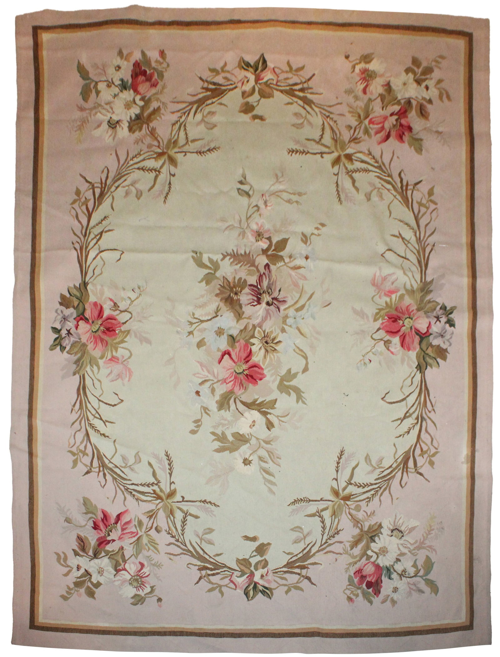 Aubusson Style Carpet: Aubusson Style Carpet China, Contemporary. Spot stains. 111 1/4 x 77 in. (282.6 x 195.6 cm.)