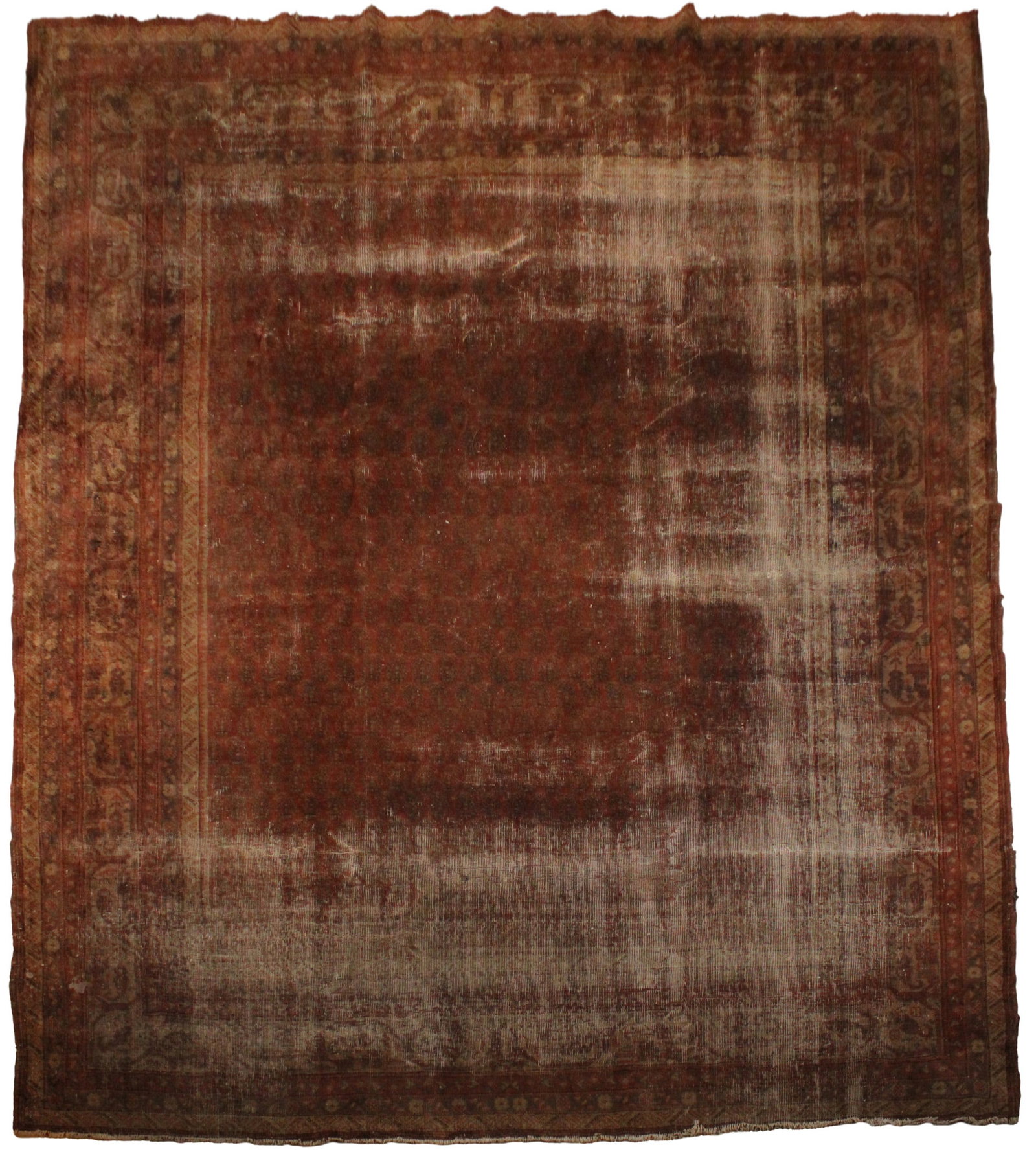 Sparta Carpet: Sparta Carpet West Anatolia (Turkey) c. 1935. Distressed condition with overall wear, stains. 119 x 97 in. (302.3 x 246.4 cm.)