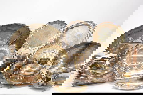 Large Group of Assorted Silver Plated Table Articles: Large Group of Assorted Silver Plated Table ArticlesLarge Group of Assorted Silver Plated Table Articles. Including serving trays, well and tree platter, gravy boat, cups and more. Used condition, wea