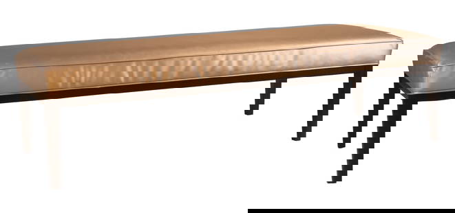 Modern Mitchell Gold + Bob Williams Bench: Modern Mitchell Gold + Bob Williams BenchModern Mitchell Gold + Bob Williams Bench with silver upholstered cushion.16 1/2 x 60 1/2 x 26 in. (41.9 x 153.7 x 66 cm.)