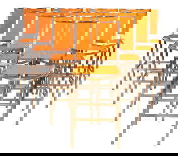 Set of Ten Kingsley Bate Patio Bar Chairs: Set of Ten Kingsley Bate Patio Bar ChairsSet of Ten Kingsley Bate Patio Bar Chairs, each with stainless steel frames and orange fabric.Surface distress, wear.44 x 22 x 18 in. (111.8 x 55.9 x 45.7 cm.)